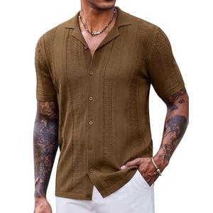COOFANDY Men's Knit Shirts Vintage Short Sleeve Button Down Shirt Casual Summer Beach Shirt Brown, 4XL