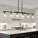 6-Light Kitchen Island Lighting,Dining Room Lights Modern Farmhouse Chandelier with Clear Glass Shade,Modern Rustic Black and Gold Metal Chandelier, Kitchen Pendant Light Fixtures Over Table