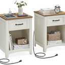 VASAGLE LIRY Collection - Farmhouse Nightstands with Charging Station, Set of 2 Bedside Tables, Side Tables with Drawer, Open Compartment, for Bedroom, Rustic White and Honey Brown ULET859K41