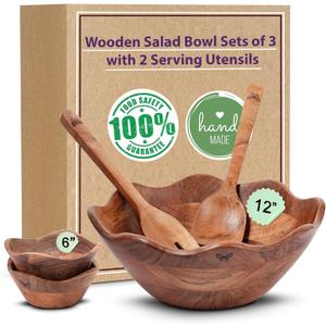 Melvvi Large Wooden Salad Bowl Set with 2 Serving Utensils and 2 Small Bowls | 12" and 6" Acacia Wood Bowls for Food | Mothers Day gift (Natural Set of 5)