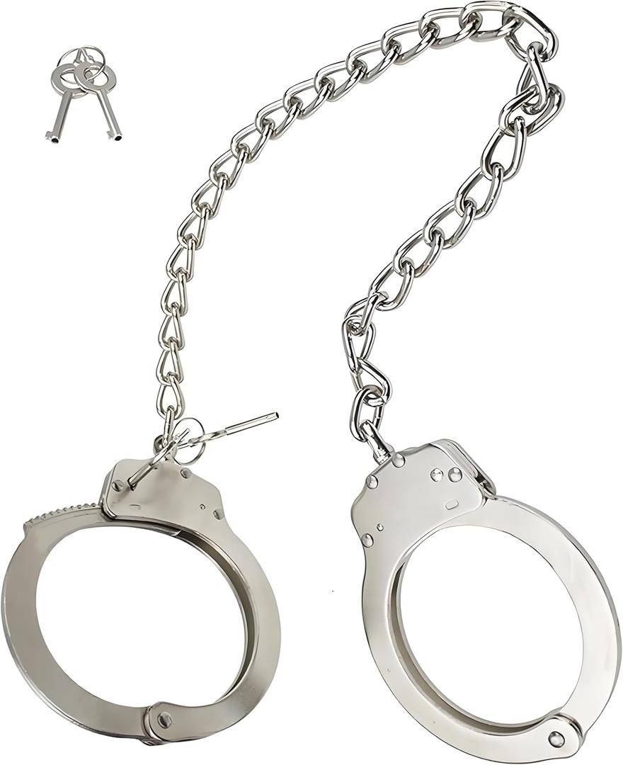 Double Lock Handcuffs, Adjustable Heavy Duty Steel Wrist Cuffs with 2 Keys & Handcuffs Holster in Police Edition Professional Grade (Silver Legcuff)
