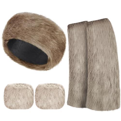 SATINIOR 3 Pieces Faux Fur Headband Set Ear Warmer Headwrap Furry Wrist Cuff Leg Warmers Boot Cuff Accessories for Girls (Mixed Khaki)