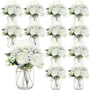 Zeyune 12 Sets Mason Jar Centerpiece Table Decorations, Artificial Peony Baby's Breath Flower Bouquets, Faux Flowers with Vase, Rustic Decor Gifts for Home, Wedding, Holiday (White)