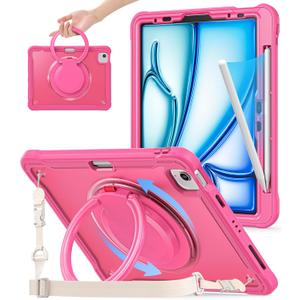 BATYUE Case for iPad Air 11-inch M4(2026)/M3(2025)/M2(2024), iPad Air 4/5 10.9" & Pro 11" 2018-2022 - Shockproof Case with 360 Rotating Stand & Handle, Pencil Holder, Shoulder Strap, Rose