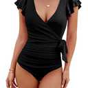 Blooming Jelly Women's Tummy Control Swimsuits Slimming One Piece Bathing Suit Modest Swimwear Ruffle Wrap V Neck Swimming Suit (Black,Medium)