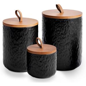 JOJUNO Black Ceramic Canister Set with Wooden Lid, 3-Piece Airtight Food Storage Jars for Kitchen Counter - Flour, Sugar, Coffee, Tea, Spice - Small, Medium, Large Sizes - Stone Texture, Black