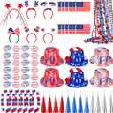 66 Pcs 4th of July Accessories Patriotic Party Favors USA Flags Top Hat Accesories Headbands Colorful Leis Necklace Glasses Flag Foil Horns for Independence Day Memorial Day Celebrations