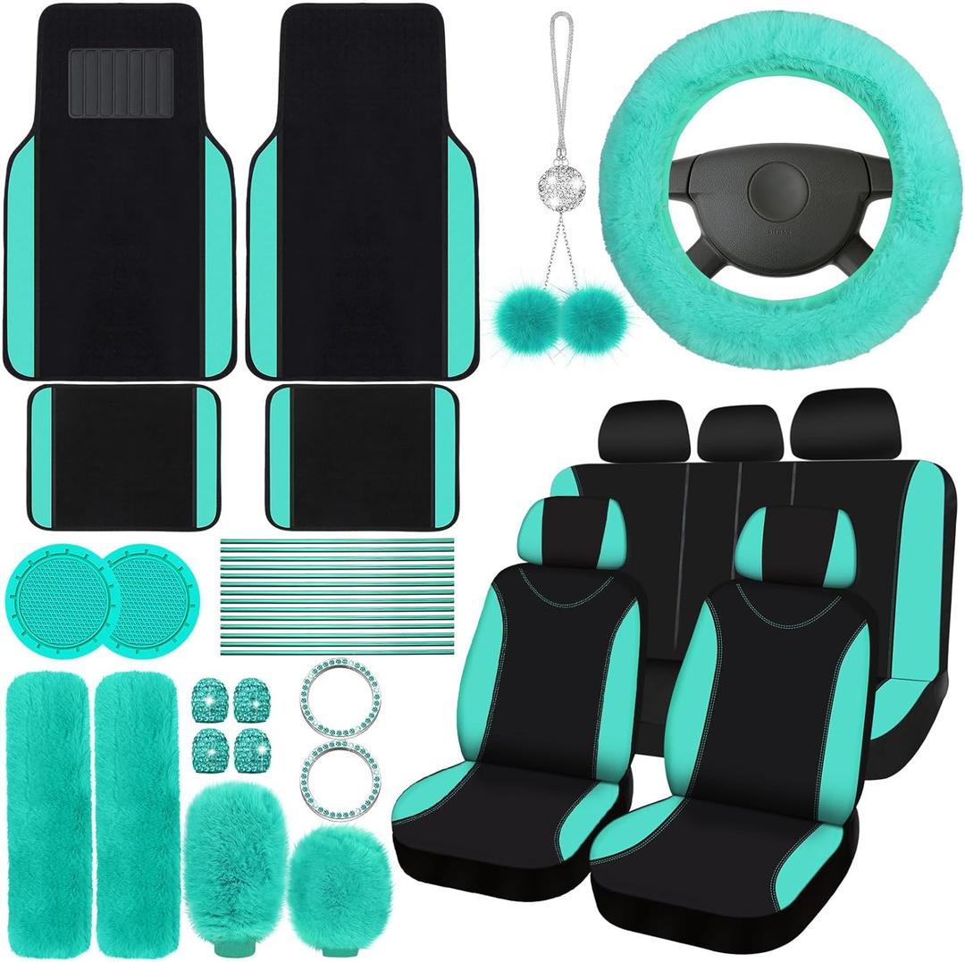 Woanger 47 Car Seat Cover Full Set for Women Included Car Front Rear Seat Fluffy Steering Wheel Cover Belt Automotive Floor Mats Air Conditioner Decoration Strip Universal(Mint Green)