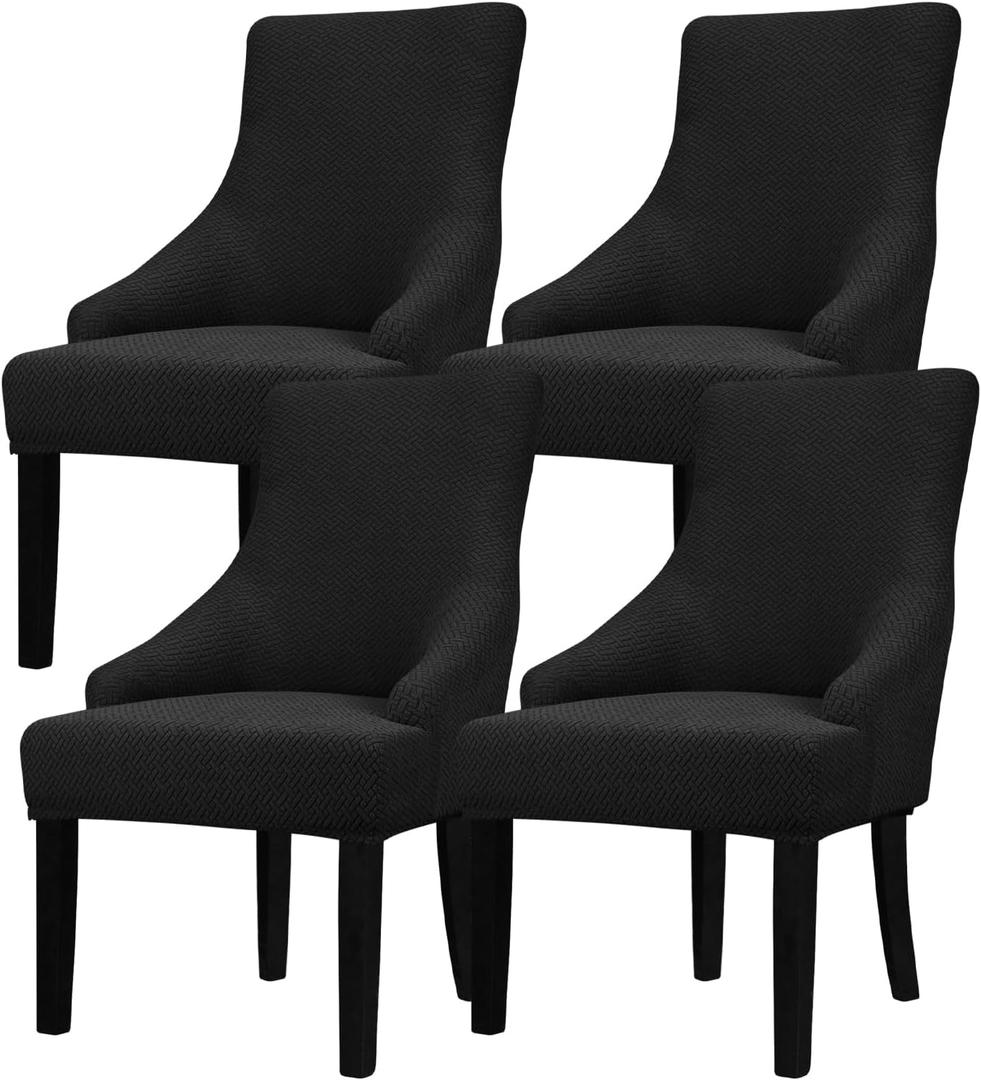 Lellen Velvet Stretch Wingback Chair Cover Slipcover - Reusable Protector Cover for Dining Room Banquet Home Decor etc Machine Washable Hand Washable (01 T-Shaped Twill Black, 4PC)