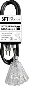 YOJOE Lighted 6 ft Black Outdoor Extension Cord Multiple Outlets 3 Prong - 16/ 3 SJTW 3 Outlet Extension Cord Waterproof, Power Extension Cable for Outdoor Decorations Lights, Appliances - UL Listed