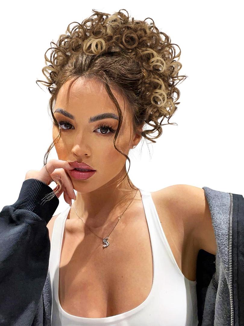 ALXNAN Messy Hair Bun Hair Piece for Women Elastic Drawstring Loose Wave Curly Buns Short Honey Blonde with Brown Synthetic Ponytail Extension Hair Bun Extensions Daily Use. (8 Inch)