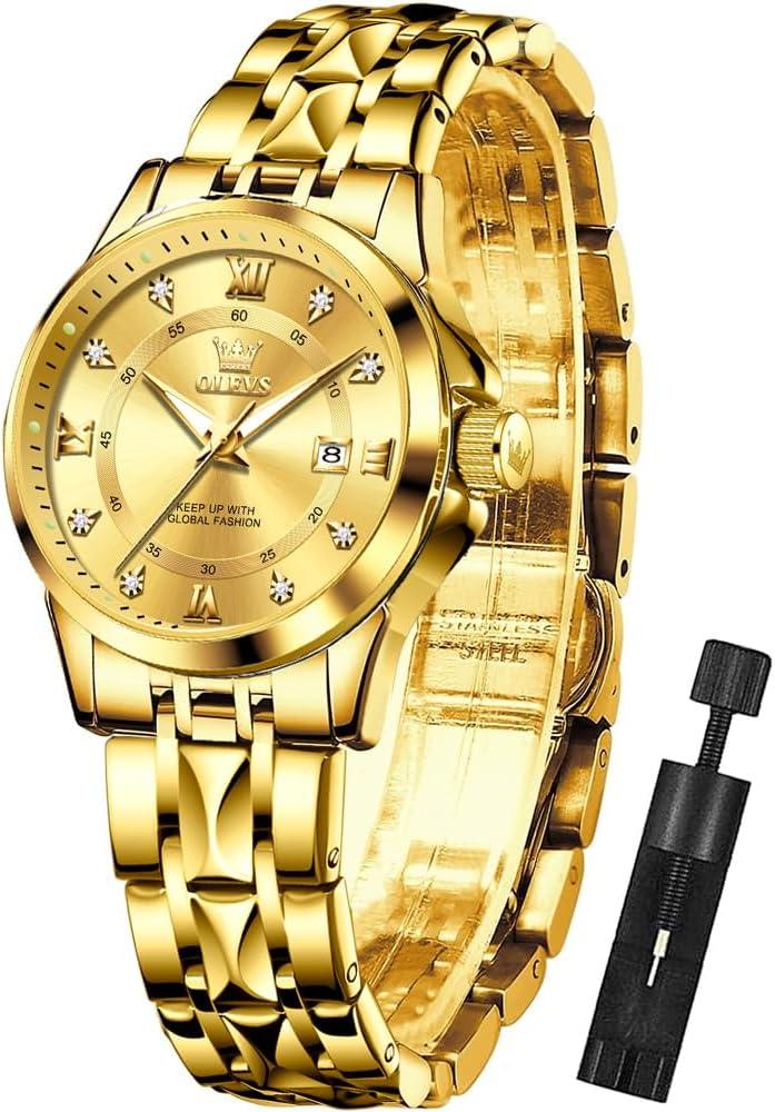 OLEVS Watch Women,Watches for Women,Luxury Casual Stainless Steel Women's Wrist Watches Classic Small Face Dress Analog Womens Watches with Date Easy to Read Waterproof Luminous Quartz Ladies Watches (2906-Gold)