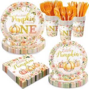 Fall Little Pumpkin Baby Shower Party Decorations A Little Pumpkin is On The Way Baby Shower Including Plates, Napkins, Cups, and Forks, Serves 24 Guests
