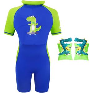 Gogokids Kids Floatation Swimsuit with Adjustable Buoyancy One Piece Swimwear Float Suit Swim West for Boys and Girls, Toddler Bathing Suit Rash Guard with Arm Floaties (4, Skateboarding Dinosaur)