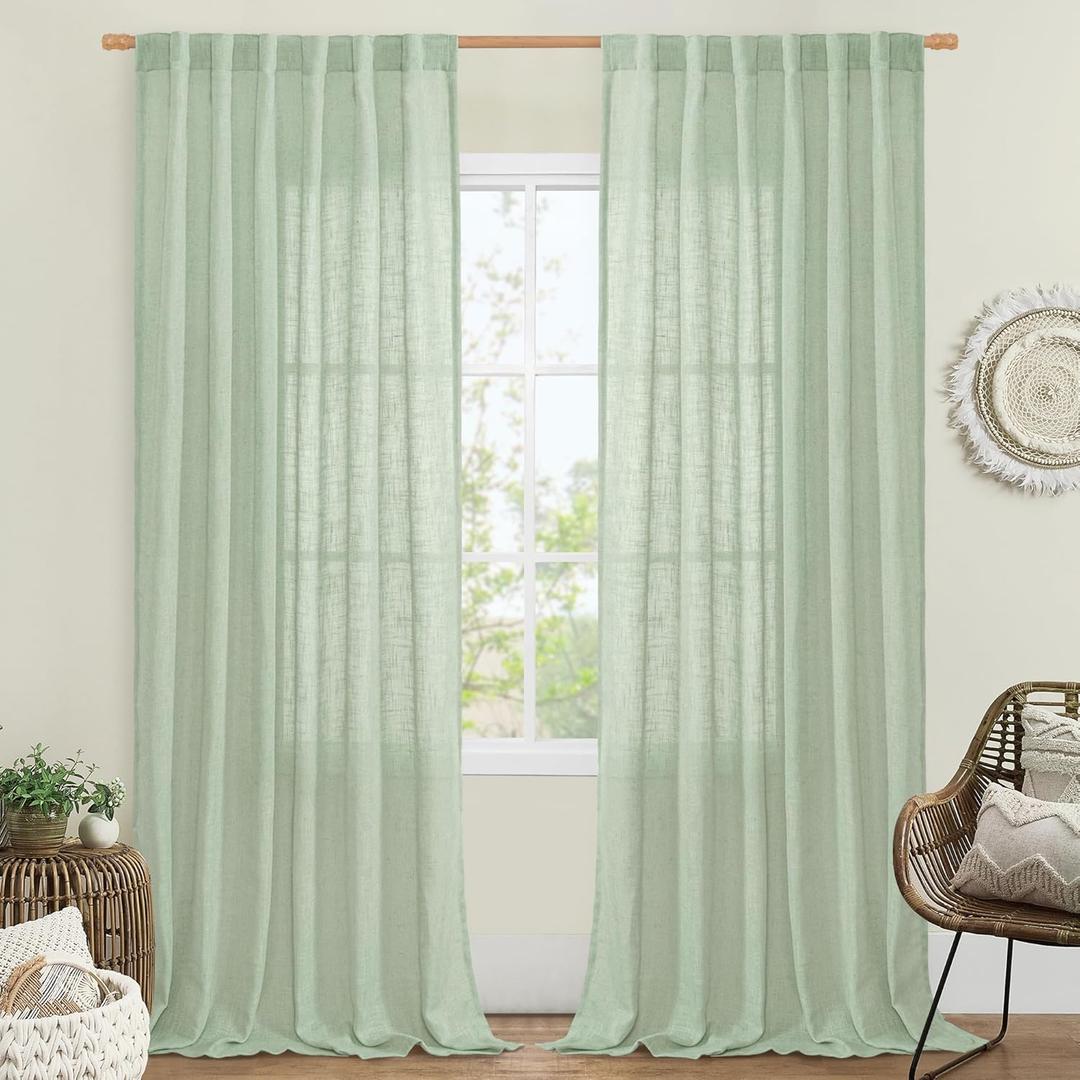 LAMIT Linen Curtains for Living Room 84 inch Length 2 Panels, Light Filtering Semi Sheer Panels Back Tab and Rod Pocket Farmhouse Drapes for Bedroom/Sliding Glass Door, Fresh Green, 52 x 84 Inch