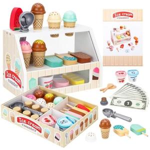 ZJEFUNS Wooden Ice Cream Toys for Kids Ice Cream Counter Shop for Toddlers Pretend Play Food Scoop and Serve with Scoop & Menu & Fake Money for Boys and Girls Ages 3 4 5 6. (Beige)