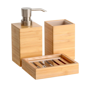 Clasin Home Bamboo Bathroom Accessories Set, 3 Pcs Wood Bathroom Accessories Soap Dispenser, Toothbrush Holder, Soap Dish, Kitchen Soap Dispenser Set for Home Decor, Housewarming Gift