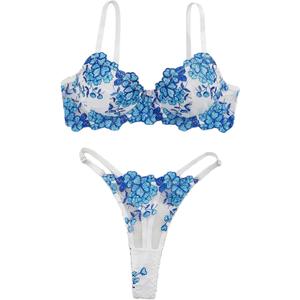 Sexy Floral Embroidered Flower Mesh Underwire Push Up Lingerie Set