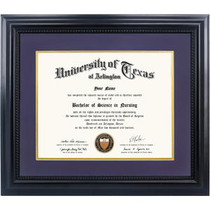 11x14 Diploma Degree Frame with Purple Mat or Display 15x18 Certificates without Mat,Solid Wood,Black Finish with Intricate Black Rope Detail,UV Protection Acrylic