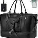 weiatas Leather Travel Duffel Bag for Women Men, Large Weekender Overnight Bag with Shoes Compartment, Waterproof Carry On Bag Travel Tote Bag Gym Bag with Luggage Strap (Black)
