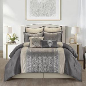 Stratford Park Silver/Ivory Damask Patchwork King Comforter Set, 8 Piece, Jacquard Pillow Sham, Bedskirt, Decorative Pillow, All Season Bedding Set