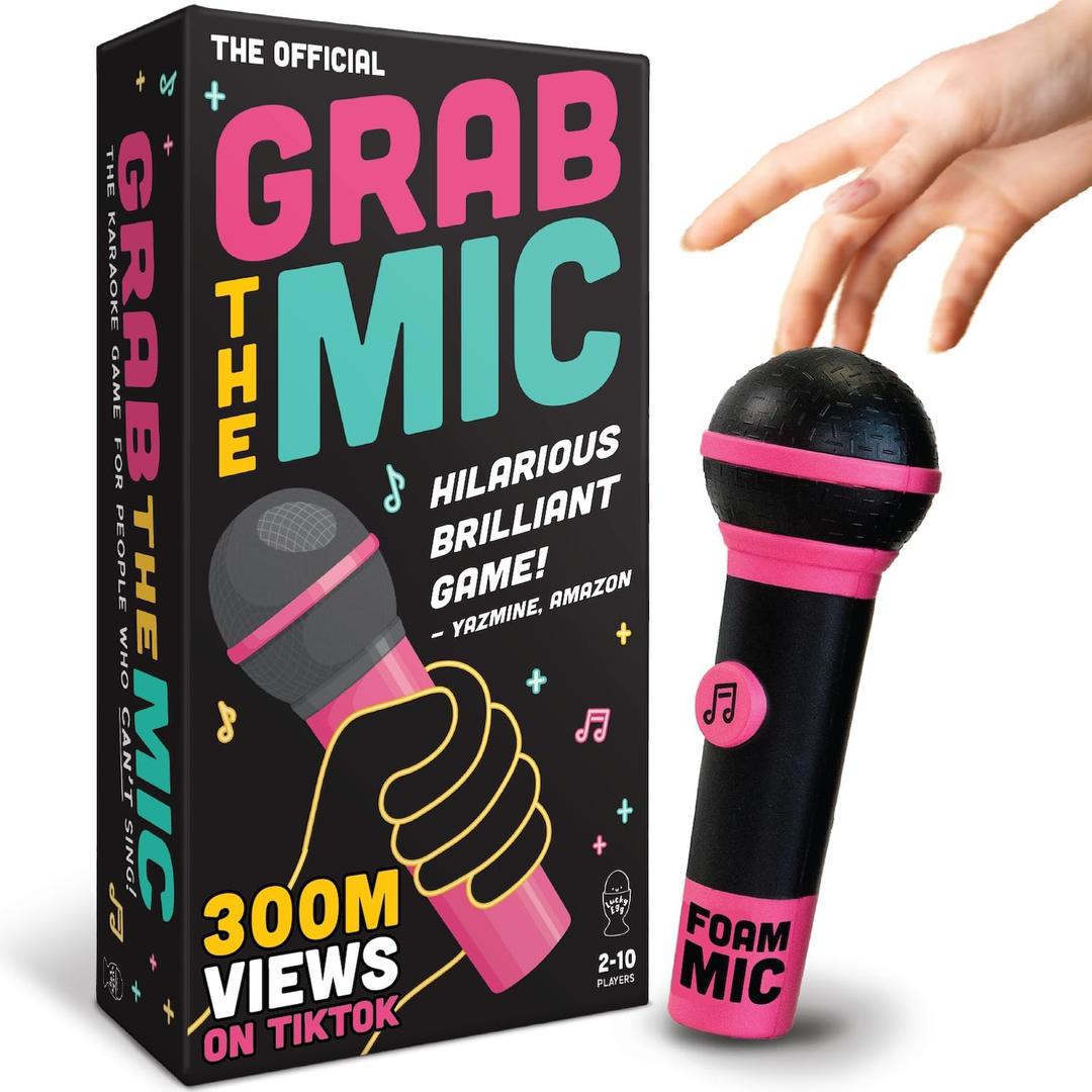 Lucky Egg Official Grab The Mic  Family Karaoke Board Game w/Foam Mic, 8+ Ages, 2-10 Players - Games for Bad Singers w/ 240 Lyrics (120 Cards) (First Edition)