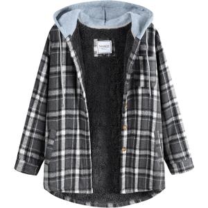 Women's Plaid Flannel Plaid Shacket Button Up Hooded Long Sleeve Fleece Jacket Winter Coat with Side Pockets (X-Large, Grey)