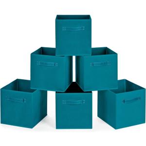 MaidMAX Cloth Storage Bins, Set of 6 Foldable Collapsible Fabric Cubes Organizers Basket with Dual Handles, Teal