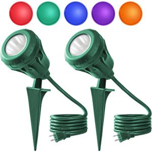 LED Christmas Spotlight Outdoor Plug in, 800LM Waterproof Flood Lights with 5 Extra Lenses (Red Green Blue Purple Orange), 5000K Landscape Light for Yard, Flag, Holiday Decor, ETL Listed, 2 Pack