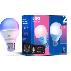 LIFX Color A19 800 lumens, Billions of Colors and Whites, Wi-Fi Smart LED Light Bulb, No Bridge Required, Works with Alexa, Hey Google, HomeKit and Siri (2-Pack)