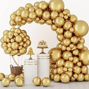 RUBFAC 129pcs Metallic Gold Balloons Different Sizes 18 12 10 5 Inch, Latex Balloon Garland Arch Kit for Party Graduation Wedding Holiday Happy Birthday Decoration