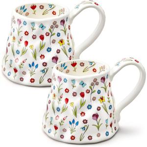 2 Pack Large Ceramic Coffee Mug, 20oz Cute Flower with Big Handle, Girly Pink Floral Tea Cup for Mothers Day Gifts, Novelty Irregular Oversized Women Mugs for Latte Tea Milk Cocoa