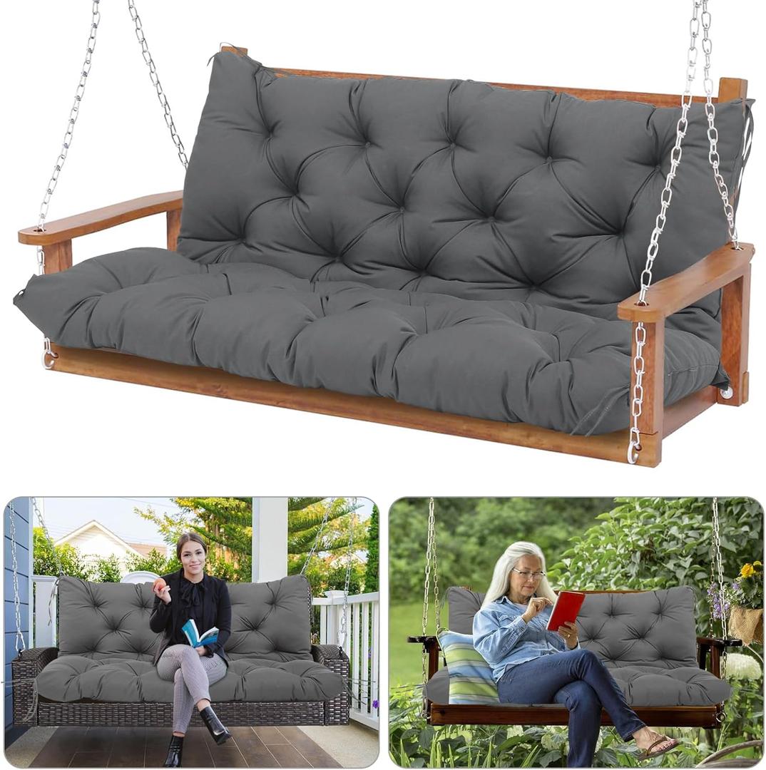 60 Inch Outdoor Swing Cushions Waterproof Extra 5" Thick 3 Seater Porch Swing Replacement Cushions with Backrest and Ties Fade-Resistant for Outdoor Patio Long Bench Furniture(Dark Gray), 60 X 40 X 5 Inches