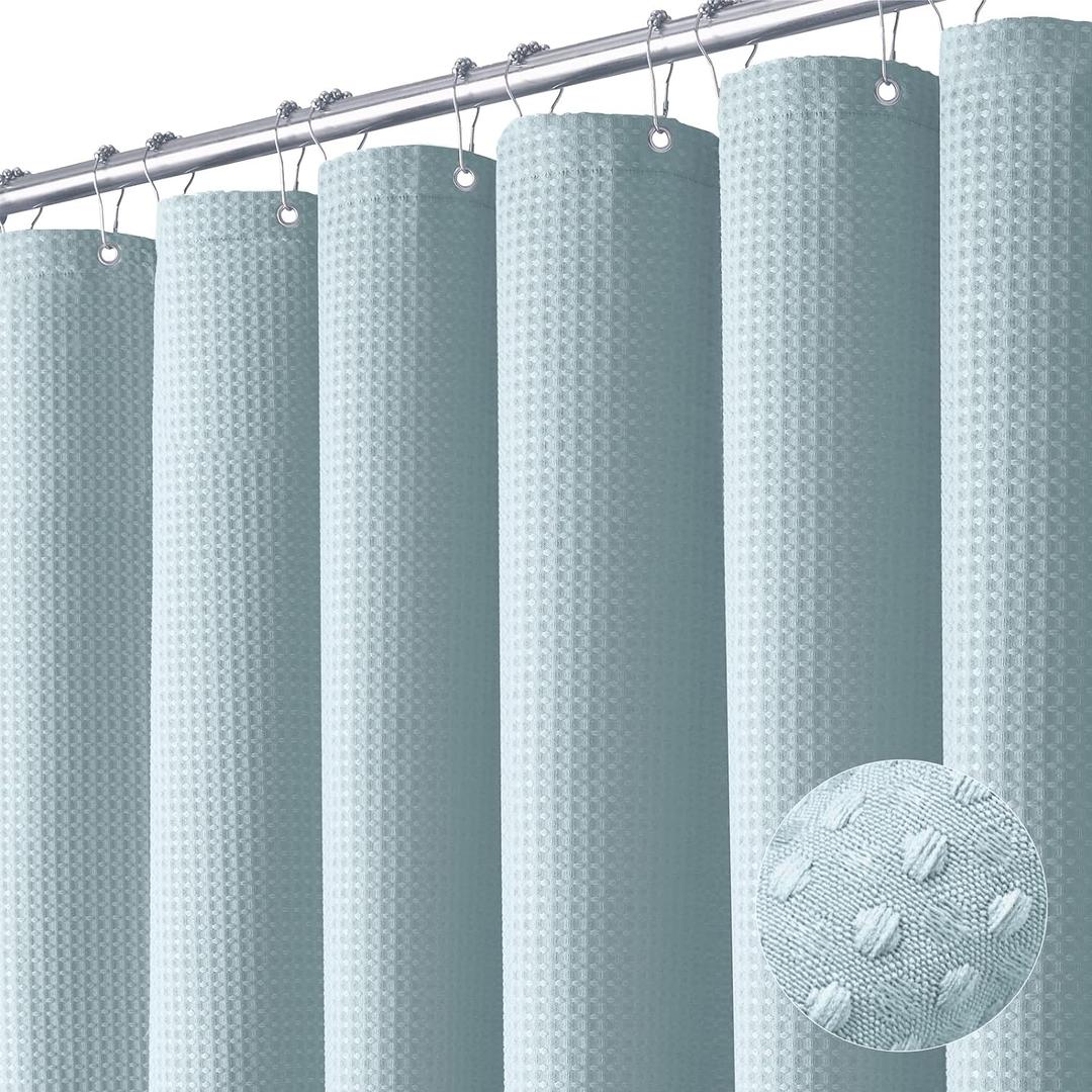 Dynamene Fog Blue Fabric Shower Curtain for Bathroom- Waffle Weave Textured Heavy Duty Cloth , 256GSM Hotel Luxury Weighted Bath Curtain Set with 12 Plastic Hooks,72x72, Fog Blue (72"W x 72"L (Pack of 1))