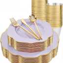 bUCLA 180PCS Purple Plastic Plates - Disposable Purple with Gold Rim, Include 30 Each (Dinner & Salad) Plates, 30 Knives, 30 Forks, 30 Spoons, 30Cups for Party, Shower & Birthday