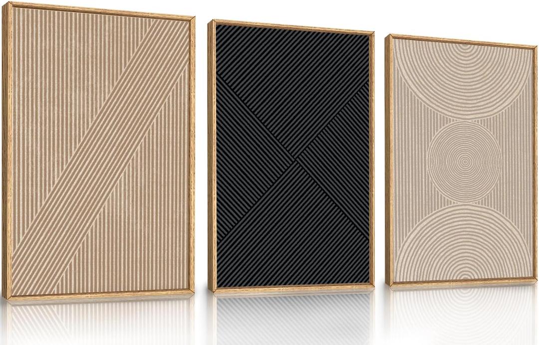 Ausril 3 Pcs Neutral Abstract Framed Wall Art, Mid Century Modern Canvas Wall Decor, Boho Geometric Line Wall Painting, Beige Minimalist Textured Art Print for Living Room Bedroom Office - 24x36inch