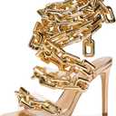 Frankie Hsu Luxury Women's Ankle Leg Lace Up Gold Link Chain Clear PVC Strappy Stiletto Round Toe High Heeled Sandals, US Size 8