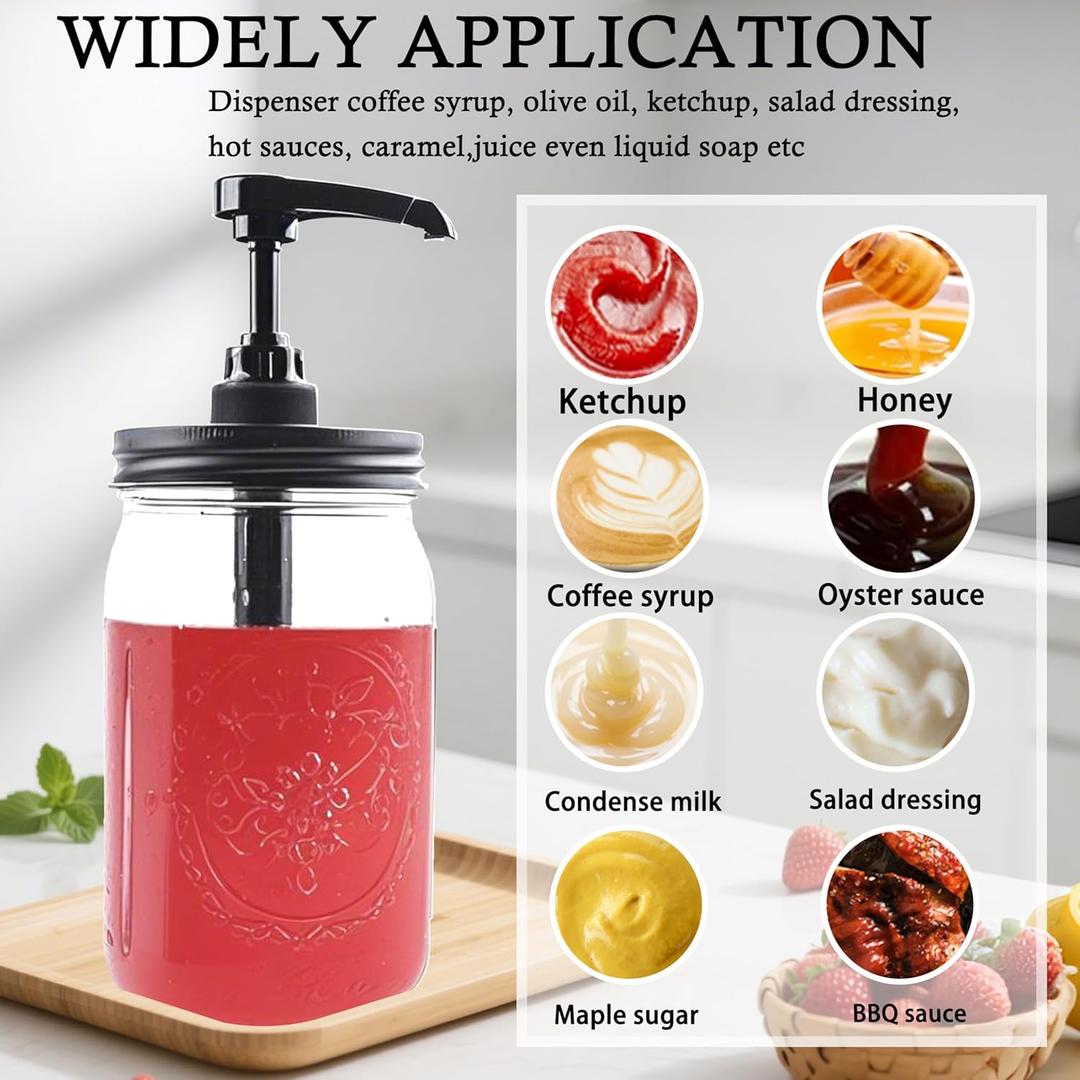 Mason Jar Syrup Honey Sauce Dispenser Pump Lid For Wide Mouth Mason Canning Coffee Syrup Condiment Pump Top Lid Food Grade Airtight & Leak (Jar Not Included) 1 Pack