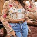OYOANGLE Women's Floral Embroidered Sheer Bolero Open Front Crop Jackets Long Sleeve Mesh Summer Cardigan Tops (XL)