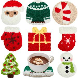 Preboun 8 Pcs Christmas Punch Needle Coasters Kit, Xmas Punch Needle Embroidery Kit, DIY Embroidery Crafts for Adults Beginners with Yarns Hoop Art Craft Supplies for Christmas Gift