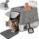 Stainless Steel Cat Litter Box with Lid, XL Enclosed Metal Litter Box for Indoor Cats, Odor Control Covered Cat Litter Box with High Sides, Litter Mat and Scoop Included, Grey
