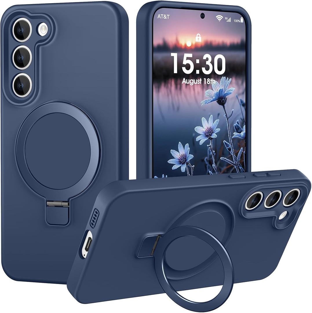 Liquid Silicone Case for Samsung Galaxy S23 Plus with Magnetic Stand, Mil-Grade Drop Shockproof, Full Camera Protection Anti-Scratch Microfiber Lining Silicone Phone case, Dark Blue