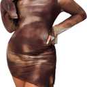 Women's Plus Size Bodycon Dresses Long Bell Sleeve Wedding Guset Dress Mesh Sheer Party Club Mini Short Dresses (X-Large Plus, Coffee Brown)