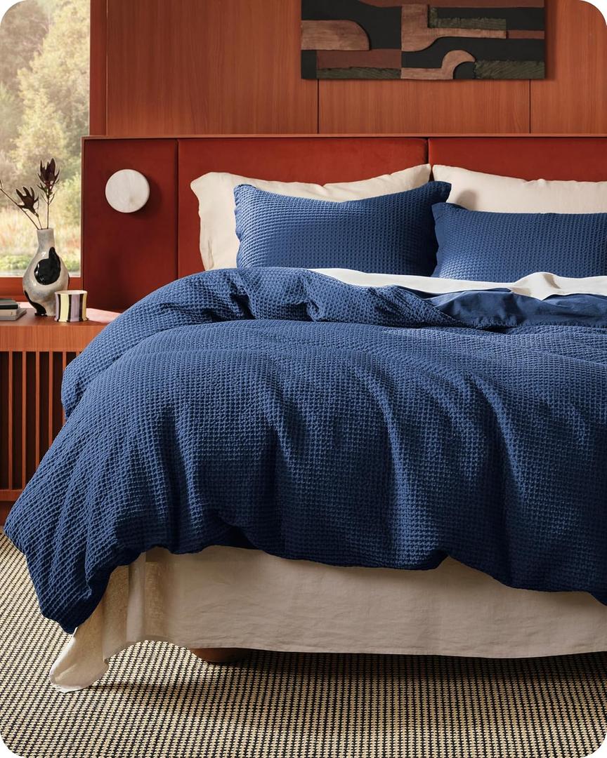 Bedsure Cotton Duvet Cover Queen - 100% Cotton Waffle Weave Navy Blue Duvet Cover Queen Size, PureWoven Breathable Bedding Set for All Season, 3 Pieces, 90"x90"