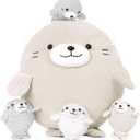 MaoGoLan 5Pcs Fat Seal Plush with 4 Babies Inside - 20" Giant Ultra Soft Seal Stuffed Animal Throw Pillow - Squishy Mother-Babies Collection Gift for Seal Lover,Kids,Boys, Gray