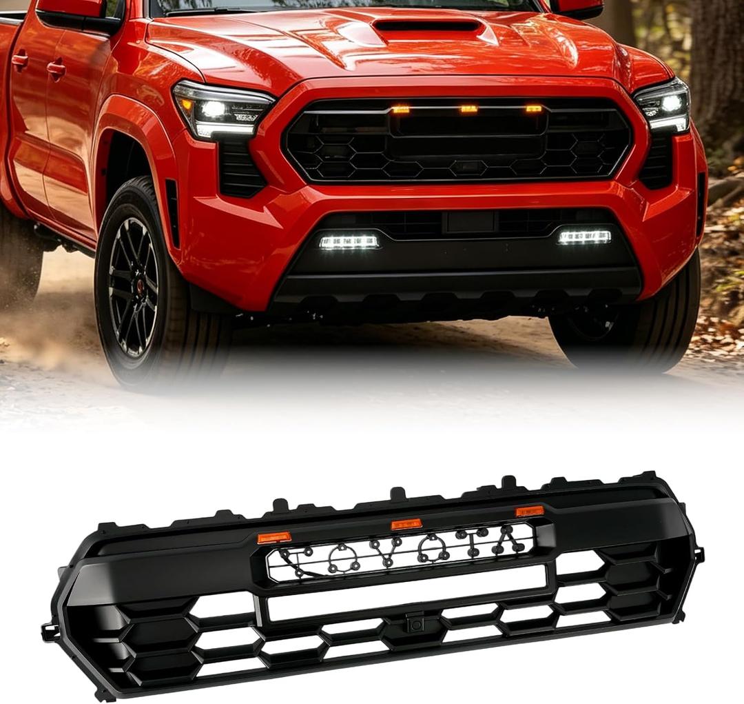 Front Grill Compatible With Toyota Tacoma 2024 2025 Matte Black Front Bumper Grille With Letters/Accessories/Amber Light Up