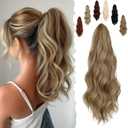 FELENDY 16" Ponytail Extension Long Curly Wavy Ponytails Clip in Claw Hair Extension Pony Tails Natural Looking Synthetic Hairpiece for Women Light Brown mix Ash Blonde