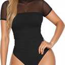Womens Short Sleeve Bodysuits Mesh Body Suits Turtleneck Bodysuits Date Outfits 2025 Fashion, Extra Large, Black 