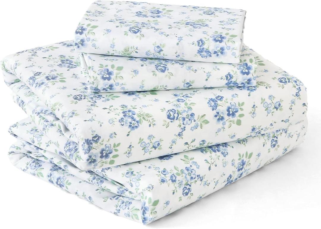 MUXHOMO Queen Size 4 Piece Sheet Set, Soft Breathable Bed Sheet Set for Bedroom with Deep Pocket Up to 16", Wrinkle-Free & Cooling Bedding for Oeko-TEX Certified - Blossoms Light Blue (Queen (60"80"))