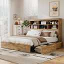 VECELO Full Size Bed Frame with 50" Tall Storage Bookcase Headboard, 4 Large Storage Drawers & Charging Station, Heavy-Duty Metal Slats/No Box Spring Needed, Rustic Brown